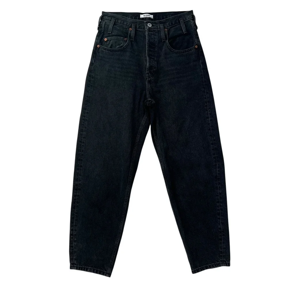 Re/Done Black 80s Peg Leg Hidden Button Fly Tapered Leg Jeans Black Wash SZ 28